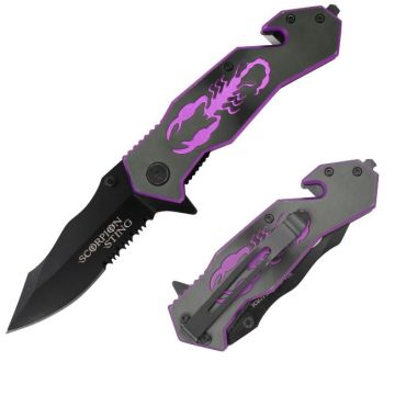 " Scorpion Sting " Rescue Style Action Assist Knife Black Purple - SE-901BP